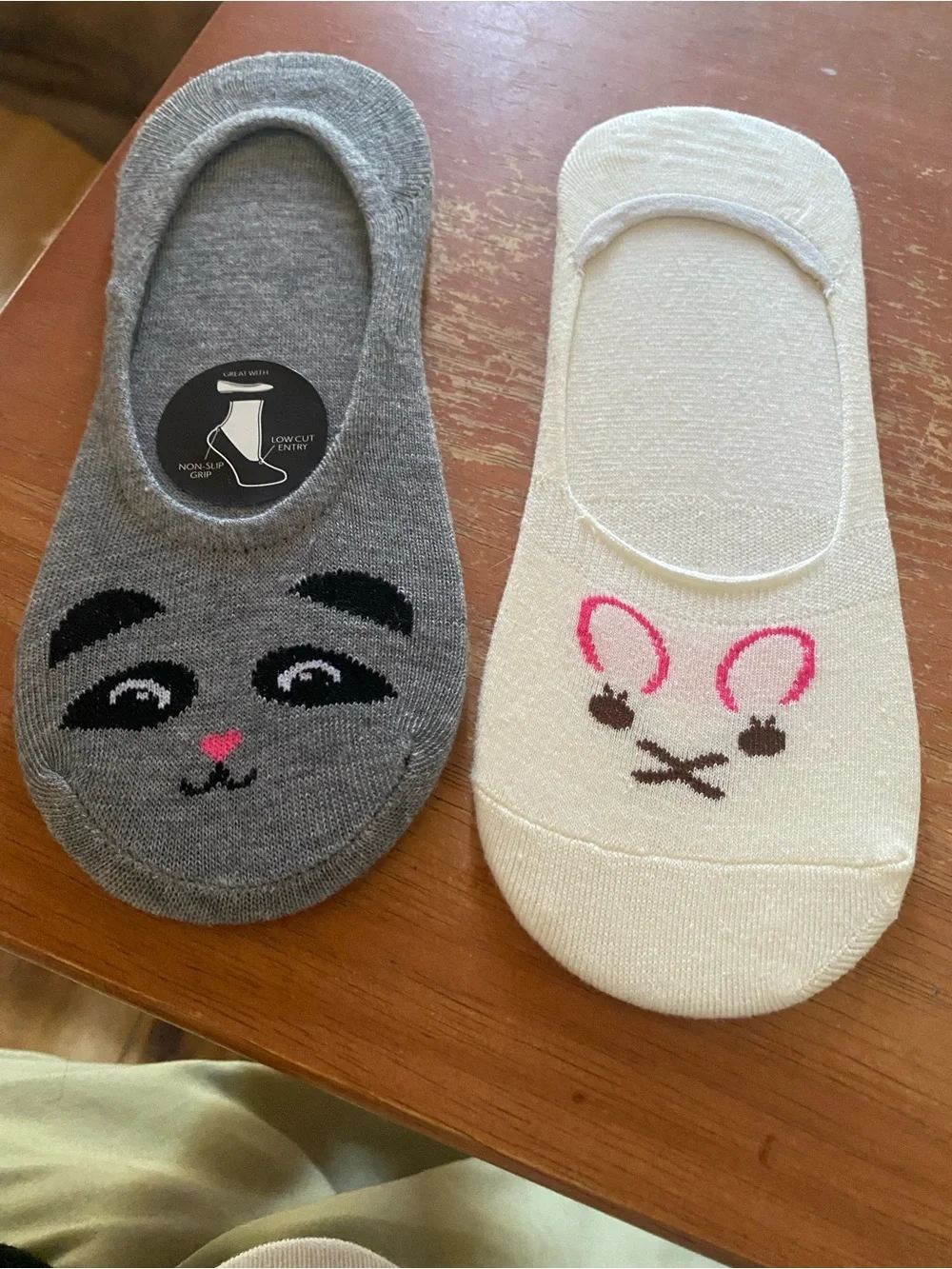 Cute No-Show Animal Face Sock Liners - Gray‎ Panda & Ivory Bunny